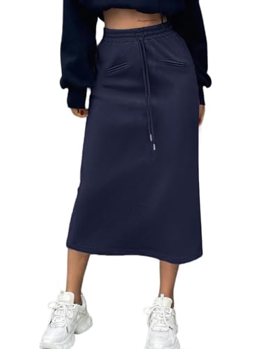 SOFIA'S CHOICE Damen Midirock Kordelzug Hohe Taille Sweatröcke mit Taschen, Marineblau – a, X-Groß von Sofia's Choice