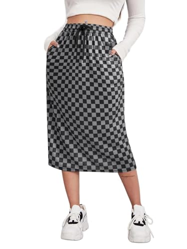 SOFIA'S CHOICE Damen Midirock Kordelzug Hohe Taille Sweatröcke mit Taschen, Schwarzgraues Schachbrett, Klein SOFIA'S CHOICE Damen Midirock Kordelzug Hohe Taille Sweatröcke mit Taschen, Schwarzgraues Schachbrett, Klein von Sofia's Choice