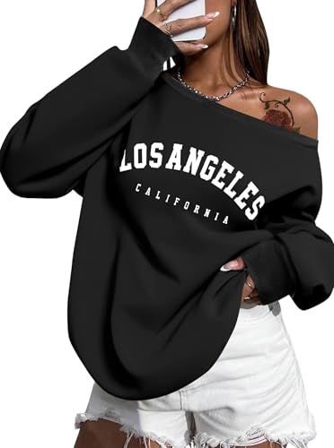 SOFIA'S CHOICE Damen Schulterfrei Sweatshirt Brief Grafik Oversized Langarm Shirt Pullover, Schwarz Los, X-Groß von Sofia's Choice