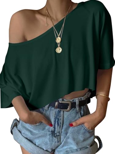 SOFIA'S CHOICE Damen Schulterfreies Crop Tops Loose U-Boot-Ausschnitt Kurzarm T-Shirt, Dunkelgrün, Klein von Sofia's Choice
