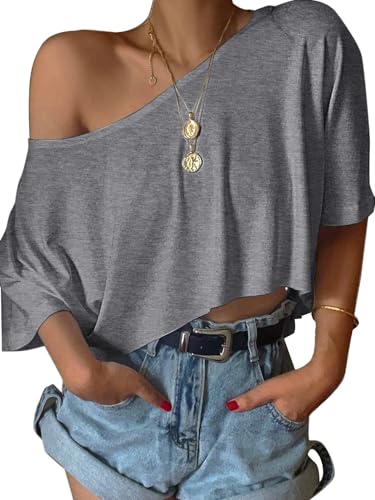 SOFIA'S CHOICE Damen Schulterfreies Crop Tops Loose U-Boot-Ausschnitt Kurzarm T-Shirt, GRAU, Klein von Sofia's Choice
