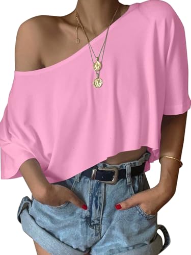 SOFIA'S CHOICE Damen Schulterfreies Crop Tops Loose U-Boot-Ausschnitt Kurzarm T-Shirt, Pink, Klein von Sofia's Choice