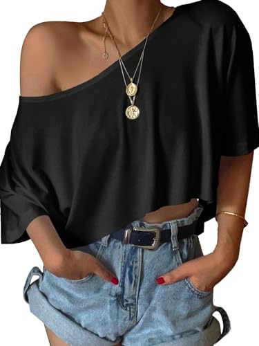 SOFIA'S CHOICE Damen Schulterfreies Crop Tops Loose U-Boot-Ausschnitt Kurzarm T-Shirt, Schwarz, XX-Large von Sofia's Choice