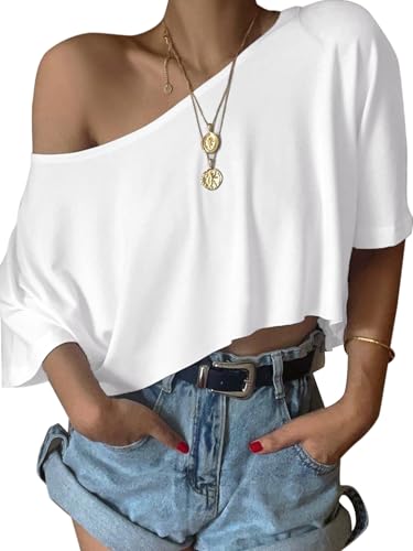 SOFIA'S Choice Damen Schulterfreies Crop Tops Loose U-Boot-Ausschnitt Kurzarm T-Shirt, Weiss/opulenter Garten, Mittel von Sofia's Choice