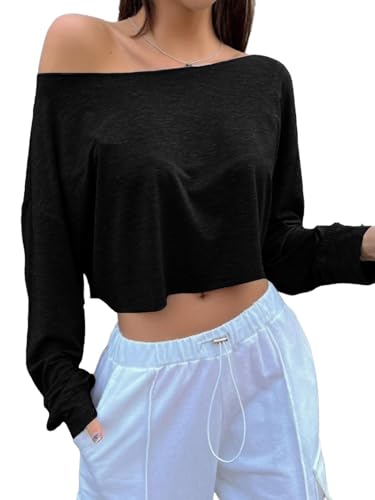 SOFIA'S CHOICE Damen Schulterfreies Langarm-T-Shirt mit U-Boot-Ausschnitt, lockere Crop Tops, Schwarz, Mittel von Sofia's Choice