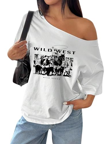 SOFIA'S CHOICE Damen Sommer Schulterfrei Tops Tie Dye Shirts Kurzarm Oversized T-Shirts, Weißer Wildwest, Groß von Sofia's Choice