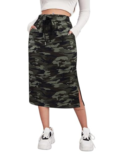 SOFIA'S CHOICE Damenrock mit Kordelzug, Schlitz, hohe Taille, A-Linie, Midi-Röcke mit Taschen, Camo Green Silt, X-Groß SOFIA'S CHOICE Damenrock mit Kordelzug, Schlitz, hohe Taille, A-Linie, Midi-Röcke mit Taschen, Camo Green Silt, X-Groß von Sofia's Choice