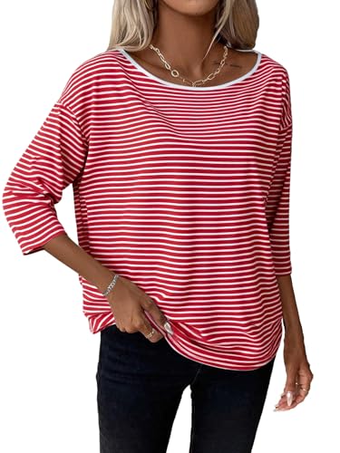 SOFIA'S CHOICE Gestreiftes Damen-Shirt, lockere Passform, 3/4-Ärmel, Sommer, lässiges T-Shirt, Rot gestreift, XX-Large von Sofia's Choice