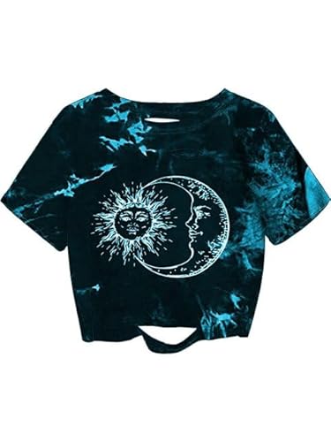 Sofia's Choice Damen Crop Shirt Tie Dye T Shirt Kurzarm Bauchfrei Oberteil Ripped Top Blau L von Sofia's Choice