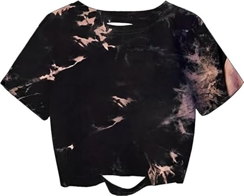 Sofia's Choice Damen Crop Shirt Tie Dye T Shirt Kurzarm Bauchfrei Oberteil Ripped Top Braun XL von Sofia's Choice