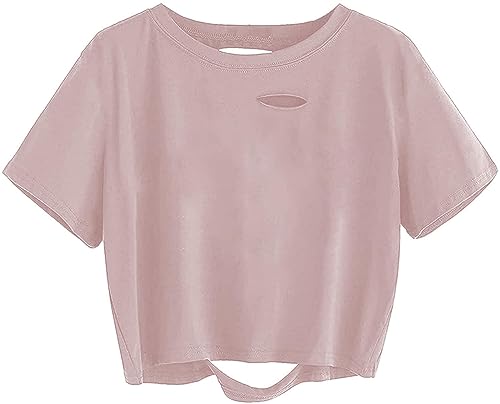 Sofia's Choice Damen Crop Top Basic Casual T Shirt Zerrissenes Kurzarm Oberteils Pure Pink M von Sofia's Choice