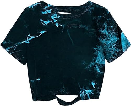 Sofia's Choice Damen Crop Top Basic Tie Dye T Shirt Zerrissenes Kurzarm Oberteil Blue XL von Sofia's Choice