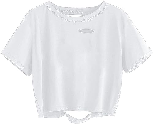 Sofia's Choice Damen Crop Top Basic Tie Dye T Shirt Zerrissenes Kurzarm Oberteil White XXL von Sofia's Choice