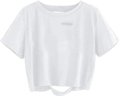 Sofia's Choice Damen Crop Top Ripped T Shirt Bauchfrei Kurzarm Basic Einfarbiges Oberteil White S von Sofia's Choice