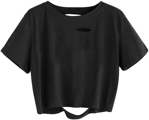 Sofia's Choice Damen Crop Top Ripped T Shirt Bauchfrei Kurzarm Basic Einfarbiges Oberteil Schwarz XXL von Sofia's Choice