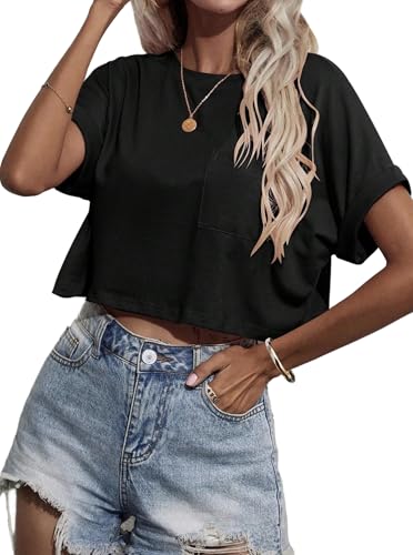 Sofia's Choice Damen Crop Top Taschen T Shirt Gerollte Ärmel Kurzarm Rundhals Basic Oberteil Schwarz M von Sofia's Choice