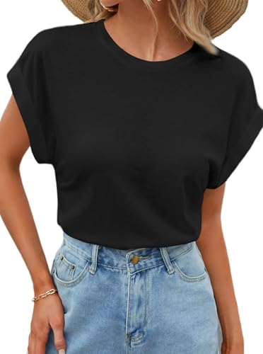 Sofia's Choice Damen Flügelärmeln Tank Top Gerollte Ärmel Crop T Shirt Rundhals Basic Oberteil Schwarz XS von Sofia's Choice