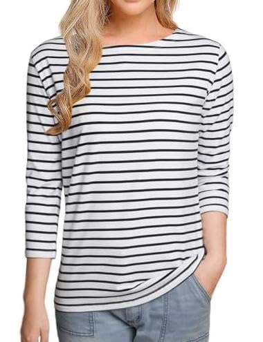 Sofia's Choice Damen Gestreifte 3/4 Arm T-Shirt Breton Boat Neck Tops Basic T-Shirt Schwarz-Weiß M von Sofia's Choice