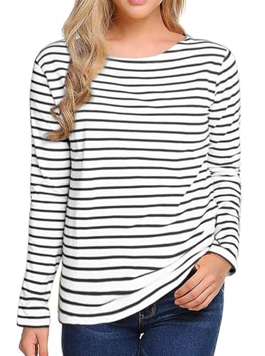 Sofia's Choice Damen Gestreiftes Langarm T Shirt Rundhals Lockeres Oberteile Basic Top Gestreiftes M von Sofia's Choice