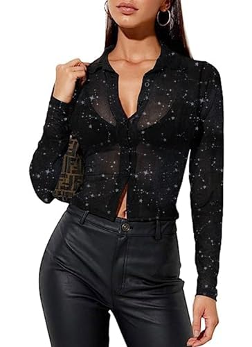 Sofia's Choice Damen Glitzer Durchsichtiges Top Revers Transparent Shirt Knopf Mesh Crop Oberteil Schwarz M von Sofia's Choice