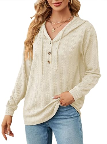 Sofia's Choice Damen Kordelzug Kapuzenpullover Sweatshirt mit Knöpfen V Ausschnitt Top Beige XL von Sofia's Choice