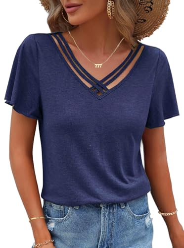Sofia's Choice Damen Kurzarm Rüschen T Shirt V Ausschnitt Lockeres Casual Oberteil Blau L von Sofia's Choice