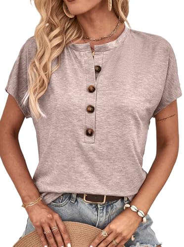 Sofia's Choice Damen Kurzarm V Ausschnitt T Shirt Sommer Knopf Top Lockeres Oberteil Khaki XXL von Sofia's Choice