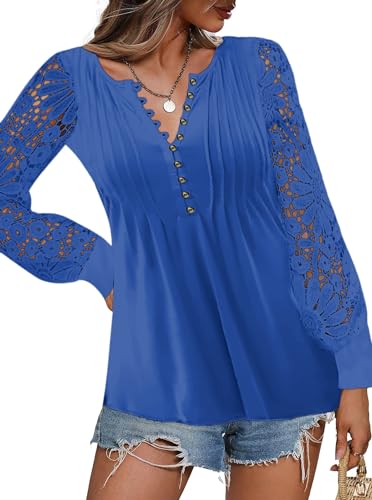 Sofia's Choice Damen Langarm Tunika Spitze T Shirt Plissiertes mit Knopfleiste Oberteile Blue L von Sofia's Choice