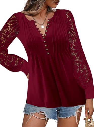 Sofia's Choice Damen Langarm Tunika Spitze T Shirt Plissiertes mit Knopfleiste Oberteile Rot L von Sofia's Choice