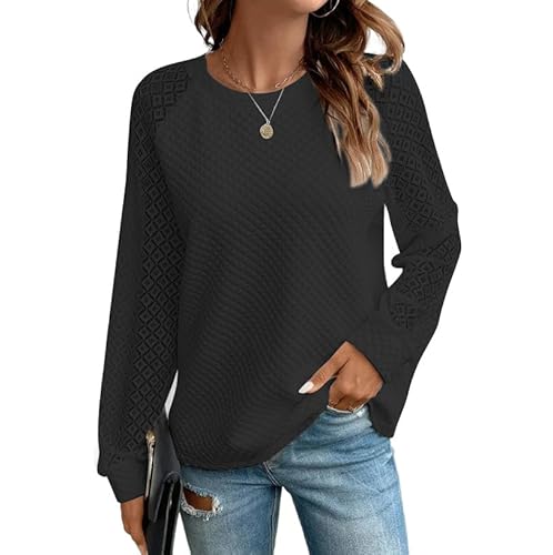 Sofia's Choice Damen Langarmshirt Spitze Waffel Pullover Oberteile Rundhals Casual Top Schwarz M von Sofia's Choice