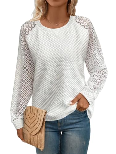 Sofia's Choice Damen Langarmshirt Spitze Waffel Pullover Oberteile Rundhals Casual Top Weiß L von Sofia's Choice