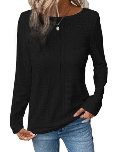 Sofia's Choice Damen Öse Langarm T Shirt Rundhals Locker Saum Top Elegante Oberteil Black S von Sofia's Choice