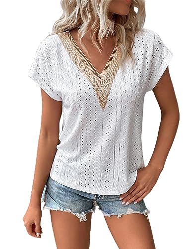 Sofia's Choice Damen Öse Spitze Kurzarm Oberteil Sommer Lockeres T Shirt Elegant Top Weiß S von Sofia's Choice