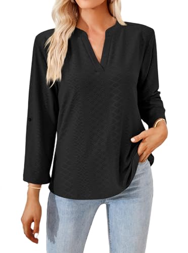 Sofia's Choice Damen Oberteile Elegant Langarm V Ausschnitt T Shirt Jacquard Top Black S von Sofia's Choice