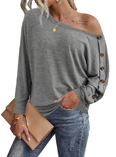 Sofia's Choice Damen One Shoulder Langarm Knopf T Shirt Schulterfreies Oberteil Lockeres Top Grau M von Sofia's Choice