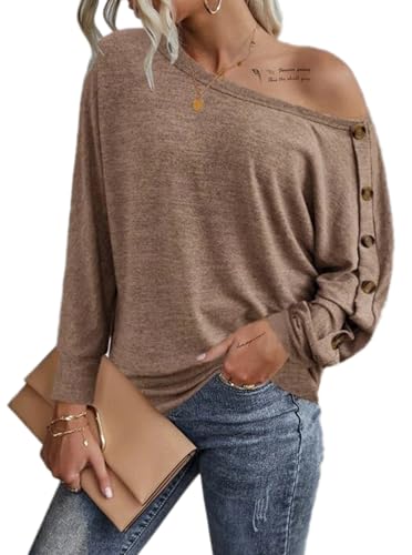 Sofia's Choice Damen One Shoulder Langarm Knopf T Shirt Schulterfreies Oberteil Lockeres Top Khaki XL von Sofia's Choice