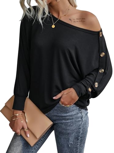 Sofia's Choice Damen One Shoulder Langarm Knopf T Shirt Schulterfreies Oberteil Lockeres Top Schwarz M von Sofia's Choice