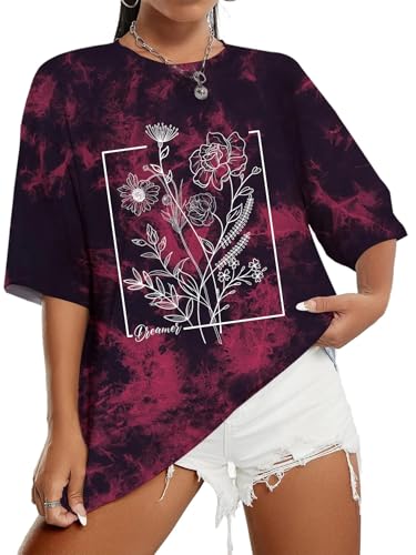 Sofia's Choice Damen Oversize Batik T Shirt Kurzarm Top mit Grafischem Locker Oberteile Rot XXL von Sofia's Choice