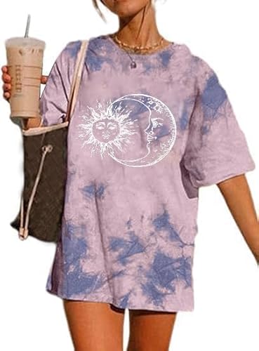 Sofia's Choice Damen Oversize Batik T Shirt Rundhals Kurzarm Top Sonne und Mond Oberteile Batikblau S von Sofia's Choice