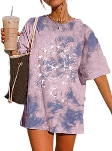 Sofia's Choice Damen Oversize Batik T Shirt Rundhals Kurzarm Top Sonne und Mond Oberteile Batikblau XXL von Sofia's Choice