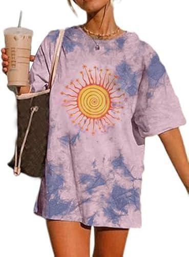 Sofia's Choice Damen Oversize Batik T Shirt Rundhals Kurzarm Top Sonne und Mond Oberteile Batikblau XXL1 von Sofia's Choice