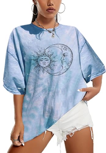 Sofia's Choice Damen Oversize Batik T Shirt Rundhals Kurzarm Top Sonne und Mond Oberteile Blau XXL von Sofia's Choice