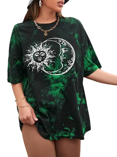 Sofia's Choice Damen Oversize Batik T Shirt Sonne und Mond Kurzarm Top Casual Oberteil Grün XL von Sofia's Choice