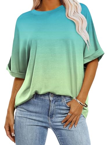Sofia's Choice Damen Oversize Farbverlauf T Shirt Rollärmeln Rundhals Kurzarm Top Farbverlauf S von Sofia's Choice