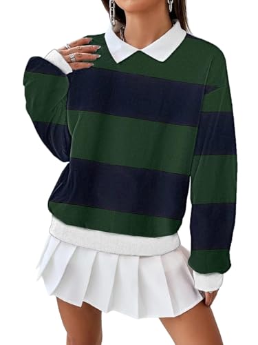 Sofia's Choice Damen Oversize Gestreiftes Sweatshirt mit Kragen Pullover Locker Langarm Top Grün Streifen L von Sofia's Choice
