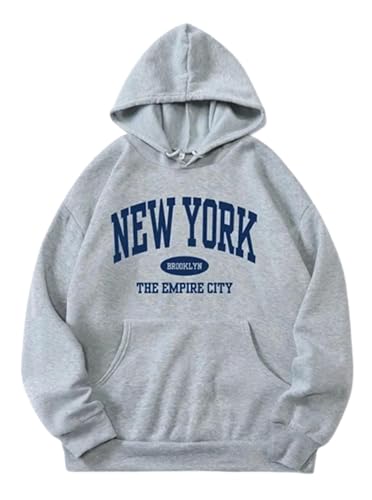 Sofia's Choice Damen Oversize Kordelzug Kapuzenpullover Buchstaben Sweatshirt Casual Hoodie Grau XL von Sofia's Choice