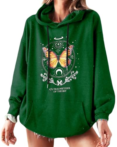 Sofia's Choice Damen Oversize Kordelzug Kapuzenpullover Schmetterlings Sweatshirt Casual Hoodie Grün L von Sofia's Choice