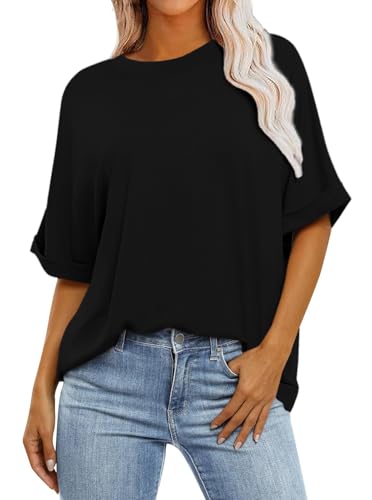 Sofia's Choice Damen Oversize Kurzarm T Shirt Rollärmeln Rundhals Top Sommer Basic Oberteil Schwarz L von Sofia's Choice