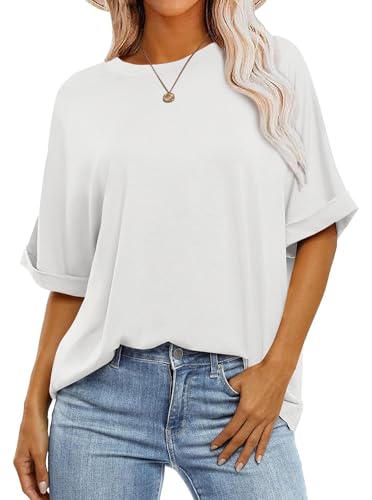 Sofia's Choice Damen Oversize Kurzarm T Shirt Rollärmeln Rundhals Top Sommer Basic Oberteil Weiß S von Sofia's Choice
