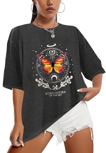 Sofia's Choice Damen Oversize Kurzarm T Shirt Rundhals Loose Top Casual Sommer Oberteil Black Papillon S von Sofia's Choice